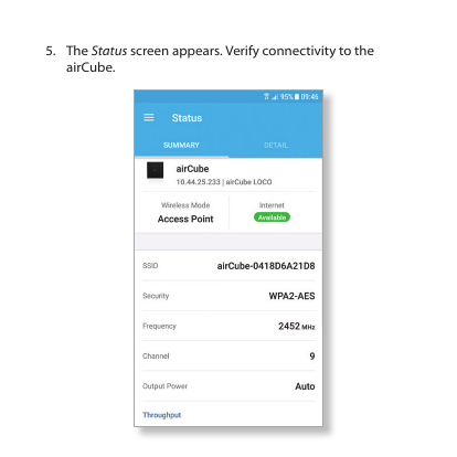 5.  The Status screen appears. Verify connectivity to the airCube.