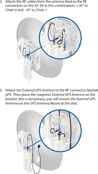 2.  Attach the RF cables from the antenna feed to the RF connectors on the AF-3X in this combination: + 45° to Chain0 and - 45° to Chain 1.3.  Attach the External GPS Antenna to the RF connector labeled GPS. Then place the magnetic External GPS Antenna on the bracket (this is temporary; you will mount the External GPS Antenna on the GPS Antenna Mount at the site).