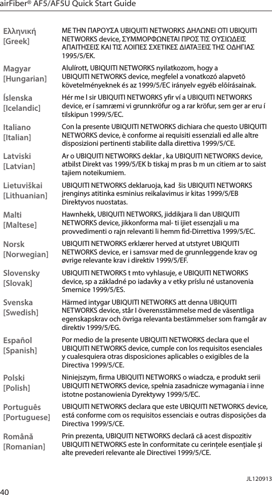 40airFiber® AF5/AF5U Quick Start GuideJL120913Ελληνική [Greek]ΜΕ ΤΗΝ ΠΑΡΟΥΣΑ UBIQUITI NETWORKS ΗΛΝΕΙ ΟΤΙ UBIQUITI NETWORKS device, ΣΥΜΜΟΡΦΝΕΤΑΙ ΠΡΟΣ ΤΙΣ ΟΥΣΙΕΙΣ ΑΠΑΙΤΗΣΕΙΣ ΚΑΙ ΤΙΣ ΛΟΙΠΕΣ ΣΧΕΤΙΚΕΣ ΙΑΤΑΞΕΙΣ ΤΗΣ ΟΗΓΙΑΣ 1995/5/ΕΚ. Magyar [Hungarian]Alulírott, UBIQUITI NETWORKS nyilatkozom, hogy a UBIQUITI NETWORKS device, megfelel a vonatkozó alapvetõ követelményeknek és az 1999/5/EC irányelv egyéb elõírásainak.Íslenska [Icelandic]Hér me l sir UBIQUITI NETWORKS yfir ví a UBIQUITI NETWORKS device, er í samræmi vi grunnkröfur og a rar kröfur, sem ger ar eru í tilskipun 1999/5/EC.Italiano [Italian]Con la presente UBIQUITI NETWORKS dichiara che questo UBIQUITI NETWORKS device, è conforme ai requisiti essenziali ed alle altre disposizioni pertinenti stabilite dalla direttiva 1999/5/CE.Latviski [Latvian]Ar o UBIQUITI NETWORKS deklar , ka UBIQUITI NETWORKS device, atbilst Direkt vas 1999/5/EK b tiskaj m pras b m un citiem ar to saist tajiem noteikumiem.Lietuviškai [Lithuanian]UBIQUITI NETWORKS deklaruoja, kad  šis UBIQUITI NETWORKS įrenginys atitinka esminius reikalavimus ir kitas 1999/5/EB Direktyvos nuostatas.Malti [Maltese]Hawnhekk, UBIQUITI NETWORKS, jiddikjara li dan UBIQUITI NETWORKS device, jikkonforma mal- ti ijiet essenzjali u ma provvedimenti o rajn relevanti li hemm fid-Dirrettiva 1999/5/EC.Norsk [Norwegian]UBIQUITI NETWORKS erklærer herved at utstyret UBIQUITI NETWORKS device, er i samsvar med de grunnleggende krav og øvrige relevante krav i direktiv 1999/5/EF.Slovensky [Slovak]UBIQUITI NETWORKS t mto vyhlasuje, e UBIQUITI NETWORKS device, sp a základné po iadavky a v etky príslu né ustanovenia Smernice 1999/5/ES.Svenska [Swedish]Härmed intygar UBIQUITI NETWORKS att denna UBIQUITI NETWORKS device, står I överensstämmelse med de väsentliga egenskapskrav och övriga relevanta bestämmelser som framgår av direktiv 1999/5/EG.Español [Spanish]Por medio de la presente UBIQUITI NETWORKS declara que el UBIQUITI NETWORKS device, cumple con los requisitos esenciales y cualesquiera otras disposiciones aplicables o exigibles de la Directiva 1999/5/CE.Polski  [Polish]Niniejszym, firma UBIQUITI NETWORKS o wiadcza, e produkt serii UBIQUITI NETWORKS device, spełnia zasadnicze wymagania i inne istotne postanowienia Dyrektywy 1999/5/EC.Português [Portuguese]UBIQUITI NETWORKS declara que este UBIQUITI NETWORKS device, está conforme com os requisitos essenciais e outras disposições da Directiva 1999/5/CE.Română [Romanian]Prin prezenta, UBIQUITI NETWORKS declară că acest dispozitiv UBIQUITI NETWORKS este în conformitate cu cerinele eseniale i alte prevederi relevante ale Directivei 1999/5/CE.