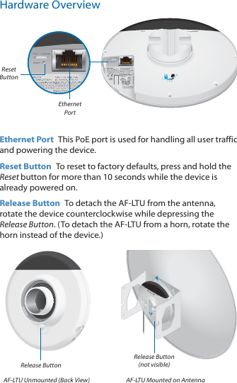 Hardware OverviewReset ButtonEthernet PortEthernet Port  This PoE port is used for handling all user traffic and powering the device.Reset Button  To reset to factory defaults, press and hold the Reset button for more than 10 seconds while the device is already poweredon.Release Button  To detach the AF‑LTU from the antenna, rotate the device counterclockwise while depressing the Release Button. (To detach the AF‑LTU from a horn, rotate the horn instead of the device.)AF‑LTU Mounted on AntennaRelease Button (not visible)Release ButtonAF‑LTU Unmounted (Back View)