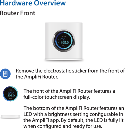 Hardware OverviewRouter FrontRemove the electrostatic sticker from the front of the AmpliFi Router.The front of the AmpliFi Router features a full-color touchscreen display. The bottom of the AmpliFi Router features an LED with a brightness setting congurable in the AmpliFi app. By default, the LED is fully lit when congured and ready for use. 