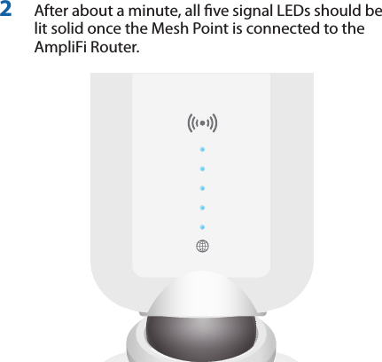 2  After about a minute, all ve signal LEDs should be lit solid once the Mesh Point is connected to the AmpliFi Router. 