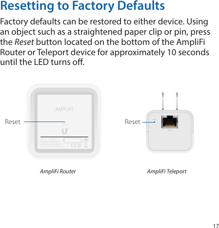 17Resetting to Factory DefaultsFactory defaults can be restored to either device. Using an object such as a straightened paper clip or pin, press the Reset button located on the bottom of the AmpliFi Router or Teleport device for approximately 10 seconds until the LED turns o.RESETThis device com plies with Par t 15 of FCC rules. Operation is subje ct to the following 2 con ditions:  1) this device may not cau se harmful interfe rence and, 2) this device must accept a ny interference re ceived,     including interference that may cause undesired operation.FCC ID: SWX-AFRIC: 6545A-AFRM/N: AFi-R9V    1.7A MAC IDReset ResetAmpliFi Router AmpliFi Teleport