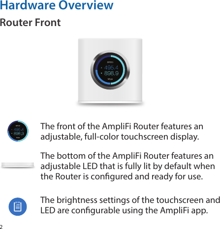 2Hardware OverviewRouter FrontThe front of the AmpliFi Router features an adjustable, full‑color touchscreen display. The bottom of the AmpliFi Router features an adjustable LED that is fully lit by default when the Router is congured and ready for use. The brightness settings of the touchscreen and LED are congurable using the AmpliFi app.