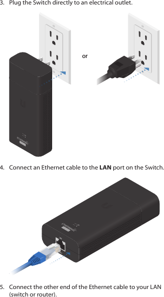 3.  Plug the Switch directly to an electrical outlet.or4.  Connect an Ethernet cable to the LAN port on the Switch.5.  Connect the other end of the Ethernet cable to your LAN (switch or router).
