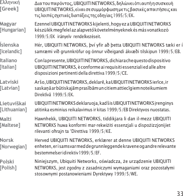 33    Ελληνική [Greek] Δια του παρόντος, UBIQUITI NETWORKS, δηλώνει ότι αυτή η συσκευή UBIQUITI NETWORKS, είναι σε συμμόρφωση με τις βασικές απαιτήσεις και τις λοιπές σχετικές διατάξεις της οδηγίας 1995/5/ΕΚ. Magyar [Hungarian] Ezennel UBIQUITI NETWORKS kijelenti, hogy ez a UBIQUITI NETWORKS készülék megfelel az alapvető kö vetelményeknek és más vonatkozó 1999/5/EK  irányelv  rendelkezéseit. Íslenska [Icelandic] Hér, UBIQUITI NETWORKS, því yfir að þetta UBIQUITI NETWORKS tæ ki er í samræ mi við grunnkröfur og önnur viðeigandi ákvæ ði tilskipun 1999/5/EB. Italiano [Italian] Con la presente, UBIQUITI NETWORKS, dichiara che questo dispositivo UBIQUITI NETWORKS, è conforme ai requisiti essenziali ed alle altre disposizioni pertinenti della direttiva 1999/5/CE. Latviski [Latvian] Ar šo, UBIQUITI NETWORKS, deklarē, ka UBIQUITI NETWORKS ierīce, ir saskaņā ar būtiskajām prasībām un citiem attiecīgiem noteikumiem Direktīvā  1999/5/EK. Lietuviškai [Lithuanian] UBIQUITI NETWORKS deklaruoja, kad šis UBIQUITI NETWORKS įrenginys atitinka esminius reikalavimus ir kitas 1999/5/EB Direktyvos nuostatas. Malti [Maltese] Hawnhekk, UBIQUITI NETWORKS, tiddikjara li dan il‑mezz UBIQUITI NETWORKS huwa konformi mar‑rekwiżiti essenzjali u dispożizzjonijiet rilevanti oħrajn ta ‘Direttiva 1999/5/KE. Norsk [Norwegian] Herved UBIQUITI NETWORKS, erklæ rer at denne UBIQUITI NETWORKS enheten, er i samsvar med de grunnleggende kravene og andre relevante bestemmelser i direktiv 1999/5/EF. Polski [Polish] Niniejszym, Ubiquiti Networks, oświadcza, że urządzenie UBIQUITI NETWORKS, jest zgodny z zasadniczymi wymaganiami oraz pozostałymi stosownymi postanowieniami Dyrektywy 1999/5/WE. 