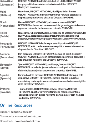 Lietuviškai [Lithuanian]UBIQUITI NETWORKS deklaruoja, kad šis UBIQUITI NETWORKS įrenginys atitinka esminius reikalavimus ir kitas 1999/5/EB Direktyvos nuostatas.Malti [Maltese]Hawnhekk, UBIQUITI NETWORKS, tiddikjara li dan il-mezz UBIQUITI NETWORKS huwa konformi mar-rekwiżiti essenzjali u dispożizzjonijiet rilevanti oħrajn ta ‘Direttiva 1999/5/KE.Norsk [Norwegian]Herved UBIQUITI NETWORKS, erklærer at denne UBIQUITI NETWORKS enheten, er i samsvar med de grunnleggende kravene og andre relevante bestemmelser i direktiv 1999/5/EF.Polski  [Polish]Niniejszym, Ubiquiti Networks, oświadcza, że   urządzenie UBIQUITI NETWORKS, jest zgodny z zasadniczymi wymaganiami oraz pozostałymi stosownymi postanowieniami Dyrektywy 1999/5/WE.Português [Portuguese]UBIQUITI NETWORKS declara que este dispositivo UBIQUITI NETWORKS, está conforme com os requisitos essenciais e outras disposições da Directiva 1999/5/CE.Română [Romanian]Prin prezenta, UBIQUITI NETWORKS declară că acest dispozitiv UBIQUITI NETWORKS este în conformitate cu cerințele esențiale și alte prevederi relevante ale Directivei 1999/5/CE.Slovensky [Slovak]Týmto UBIQUITI NETWORKS, prehlasuje, že toto UBIQUITI NETWORKS zariadenie, je v súlade so základnými požiadavkami a ďalšími relevantnými ustanoveniami smernice 1999/5/ES.Español [Spanish]Por medio de la presente UBIQUITI NETWORKS declara que este dispositivo UBIQUITI NETWORKS, cumple con los requisitos esenciales y cualesquiera otras disposiciones aplicables o exigibles de la Directiva 1999/5/CE.Svenska [Swedish]Härmed UBIQUITI NETWORKS, intygar att denna UBIQUITI NETWORKS enhet är i överensstämmelse med de väsentliga egenskapskrav och övriga relevanta bestämmelser som framgår av direktiv 1999/5/EG.Online ResourcesSupport  support.ubnt.comCommunity  community.ubnt.comDownloads  downloads.ubnt.com