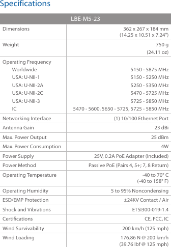 SpecificationsLBE‑M5‑23Dimensions 362 x 267 x 184 mm (14.25 x 10.51 x 7.24&quot;)Weight 750 g(24.11 oz)Operating FrequencyWorldwideUSA: U‑NII‑1USA: U‑NII‑2AUSA: U‑NII‑2CUSA: U‑NII‑3IC5150 ‑ 5875 MHz5150 ‑ 5250 MHz5250 ‑ 5350 MHz5470 ‑ 5725 MHz5725 ‑ 5850 MHz5470 ‑ 5600, 5650 ‑ 5725, 5725 ‑ 5850 MHzNetworking Interface (1) 10/100 Ethernet PortAntenna Gain 23 dBiMax. Power Output 25 dBmMax. Power Consumption 4WPower Supply 25V, 0.2A PoE Adapter (Included)Power Method Passive PoE (Pairs 4, 5+; 7, 8 Return)Operating Temperature ‑40 to 70° C (‑40 to 158° F)Operating Humidity 5 to 95% NoncondensingESD/EMP Protection ±24KV Contact / Air Shock and Vibrations ETSI300‑019‑1.4Certications CE, FCC, ICWind Survivability 200 km/h (125 mph)Wind Loading 176.86 N @ 200 km/h (39.76 lbf @ 125 mph)