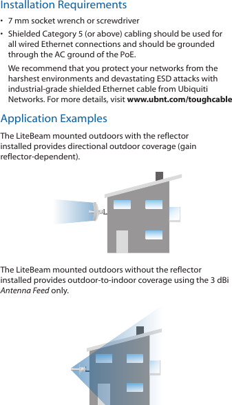 Installation Requirements•  7 mm socket wrench or screwdriver•  Shielded Category 5 (or above) cabling should be used for all wired Ethernet connections and should be grounded through the AC ground of the PoE.We recommend that you protect your networks from the harshest environments and devastating ESD attacks with industrial‑grade shielded Ethernet cable from Ubiquiti Networks. For more details, visit www.ubnt.com/toughcableApplication ExamplesThe LiteBeam mounted outdoors with the reflector installed provides directional outdoor coverage (gain reflector‑dependent).The LiteBeam mounted outdoors without the reflector installed provides outdoor‑to‑indoor coverage using the 3 dBi Antenna Feed only.