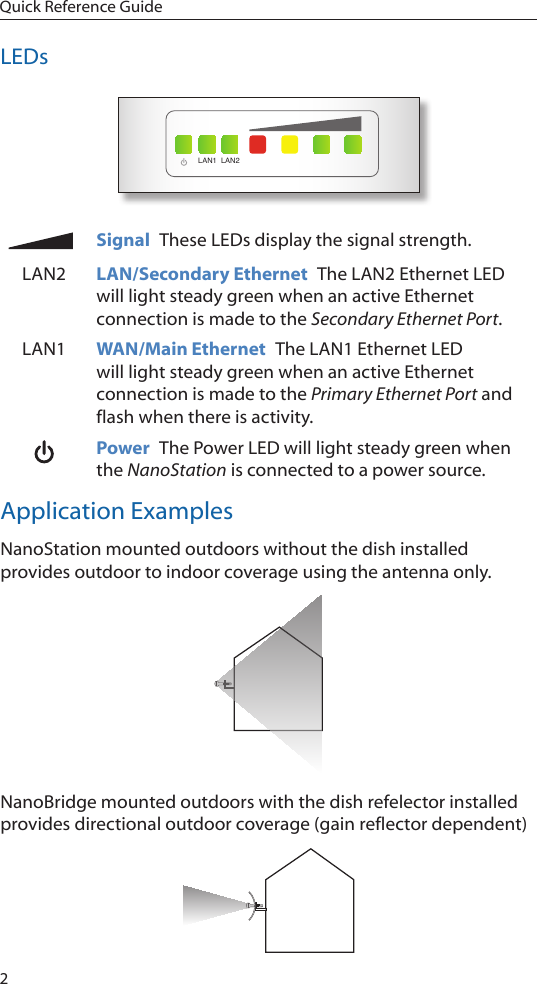 2Quick Reference GuideLEDsLAN1 LAN2Signal  These LEDs display the signal strength. LAN2 LAN/Secondary Ethernet  The LAN2 Ethernet LED will light steady green when an active Ethernet connection is made to the Secondary Ethernet Port. LAN1 WAN/Main Ethernet  The LAN1 Ethernet LED will light steady green when an active Ethernet connection is made to the Primary Ethernet Port and flash when there is activity.Power  The Power LED will light steady green when the NanoStation is connected to a power source. Application ExamplesNanoStation mounted outdoors without the dish installed provides outdoor to indoor coverage using the antenna only.NanoBridge mounted outdoors with the dish refelector installed provides directional outdoor coverage (gain reflector dependent)