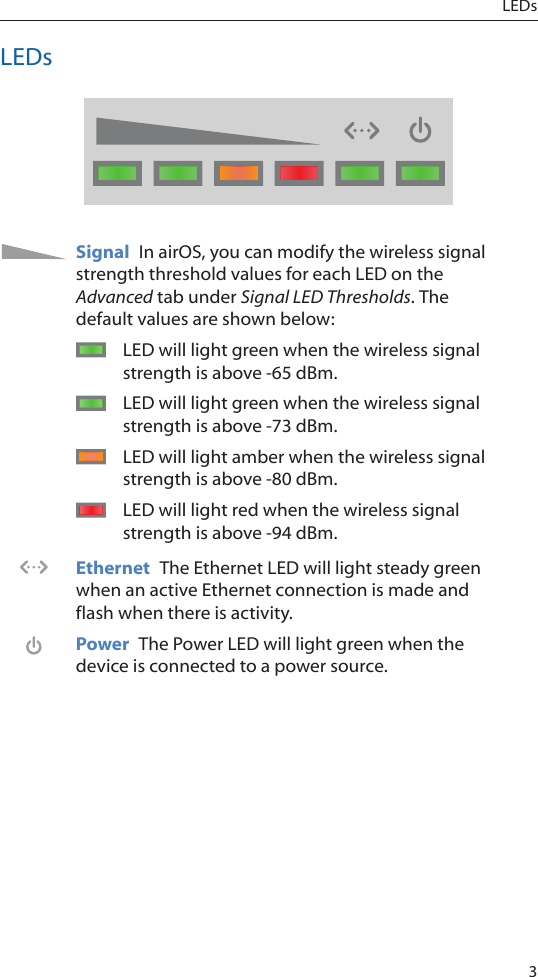 3LEDsLEDsSignal  In airOS, you can modify the wireless signal strength threshold values for each LED on the Advanced tab under Signal LED Thresholds. The default values are shown below:LED will light green when the wireless signal strength is above -65 dBm.LED will light green when the wireless signal strength is above -73 dBm.LED will light amber when the wireless signal strength is above -80 dBm.LED will light red when the wireless signal strength is above -94 dBm.Ethernet  The Ethernet LED will light steady green when an active Ethernet connection is made and flash when there is activity.Power  The Power LED will light green when the device is connected to a power source.