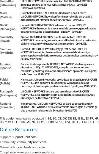 Lietuviškai [Lithuanian]UBIQUITI NETWORKS deklaruoja, kad šis UBIQUITI NETWORKS įrenginys atitinka esminius reikalavimus ir kitas 1999/5/EB Direktyvos nuostatas.Malti [Maltese]Hawnhekk, UBIQUITI NETWORKS, tiddikjara li dan il-mezz UBIQUITI NETWORKS huwa konformi mar-rekwiżiti essenzjali u dispożizzjonijiet rilevanti oħrajn ta ‘Direttiva 1999/5/EC.Norsk [Norwegian]Herved UBIQUITI NETWORKS, erklærer at denne UBIQUITI NETWORKS enheten, er i samsvar med de grunnleggende kravene og andre relevante bestemmelser i direktiv 1999/5/EF.Slovensky [Slovak]Týmto UBIQUITI NETWORKS, prehlasuje, že toto UBIQUITI NETWORKS zariadenie, je v súlade so základnými požiadavkami a ďalšími relevantnými ustanoveniami smernice 1999/5/ES.Svenska [Swedish]Härmed UBIQUITI NETWORKS, intygar att denna UBIQUITI NETWORKS enhet är i överensstämmelse med de väsentliga egenskapskrav och övriga relevanta bestämmelser som framgår av direktiv 1999/5/EG.Español [Spanish]Por medio de la presente UBIQUITI NETWORKS declara que este dispositivo UBIQUITI NETWORKS, cumple con los requisitos esenciales y cualesquiera otras disposiciones aplicables o exigibles de la Directiva 1999/5/CE.Polski  [Polish]Niniejszym, Ubiquiti Networks, oświadcza, że   urządzenie UBIQUITI NETWORKS, jest zgodny z zasadniczymi wymaganiami oraz pozostałymi stosownymi postanowieniami Dyrektywy 1999/5/EC.Português [Portuguese]UBIQUITI NETWORKS declara que este dispositivo UBIQUITI NETWORKS, está conforme com os requisitos essenciais e outras disposições da Directiva 1999/5/CE.Română [Romanian]Prin prezenta, UBIQUITI NETWORKS declară că acest dispozitiv UBIQUITI NETWORKS este în conformitate cu cerințele esențiale și alte prevederi relevante ale Directivei 1999/5/CE.This equipment may be operated in BE, BG, CZ, DK, DE, EE, IE, EL, ES, FR, HR, IT, CY, LV, LT, LU, HU, MT, NL, AT, PL, PT, RO, SI, SK, FI, SE, UK, IS, LI, NO, CH, TR.Online ResourcesSupport  support.ubnt.comCommunity  community.ubnt.comDownloads  downloads.ubnt.comCompliance  www.ubnt.com/compliance