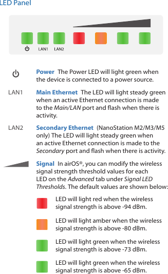 LED PanelPower  The Power LED will light green when the device is connected to a power source. LAN1 Main Ethernet  The LED will light steady green when an active Ethernet connection is made to the Main/LAN port and flash when there is activity. LAN2Secondary Ethernet  (NanoStation M2/M3/M5 only) The LED will light steady green when an active Ethernet connection is made to the Secondary port and flash when there is activity. Signal  In airOS®, you can modify the wireless signal strength threshold values for each LED on the Advanced tab under Signal LED Thresholds. The default values are shown below:LED will light red when the wireless signal strength is above ‑94 dBm.LED will light amber when the wireless signal strength is above ‑80 dBm.LED will light green when the wireless signal strength is above ‑73 dBm.LED will light green when the wireless signal strength is above ‑65 dBm.