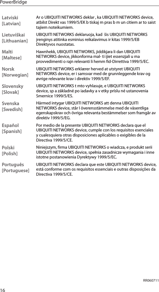 16PowerBridgeRR060711Latviski [Latvian]Ar o UBIQUITI NETWORKS deklar , ka UBIQUITI NETWORKS device, atbilst Direkt vas 1999/5/EK b tiskaj m pras b m un citiem ar to saist tajiem noteikumiem.Lietuviškai [Lithuanian]UBIQUITI NETWORKS deklaruoja, kad  šis UBIQUITI NETWORKS įrenginys atitinka esminius reikalavimus ir kitas 1999/5/EB Direktyvos nuostatas.Malti [Maltese]Hawnhekk, UBIQUITI NETWORKS, jiddikjara li dan UBIQUITI NETWORKS device, jikkonforma mal- ti ijiet essenzjali u ma provvedimenti o rajn relevanti li hemm fid-Dirrettiva 1999/5/EC.Norsk [Norwegian]UBIQUITI NETWORKS erklærer herved at utstyret UBIQUITI NETWORKS device, er i samsvar med de grunnleggende krav og øvrige relevante krav i direktiv 1999/5/EF.Slovensky [Slovak]UBIQUITI NETWORKS t mto vyhlasuje, e UBIQUITI NETWORKS device, sp a základné po iadavky a v etky príslu né ustanovenia Smernice 1999/5/ES.Svenska [Swedish]Härmed intygar UBIQUITI NETWORKS att denna UBIQUITI NETWORKS device, står I överensstämmelse med de väsentliga egenskapskrav och övriga relevanta bestämmelser som framgår av direktiv 1999/5/EG.Español [Spanish]Por medio de la presente UBIQUITI NETWORKS declara que el UBIQUITI NETWORKS device, cumple con los requisitos esenciales y cualesquiera otras disposiciones aplicables o exigibles de la Directiva 1999/5/CE.Polski  [Polish]Niniejszym, firma UBIQUITI NETWORKS o wiadcza, e produkt serii UBIQUITI NETWORKS device, spełnia zasadnicze wymagania i inne istotne postanowienia Dyrektywy 1999/5/EC.Português [Portuguese]UBIQUITI NETWORKS declara que este UBIQUITI NETWORKS device, está conforme com os requisitos essenciais e outras disposições da Directiva 1999/5/CE.