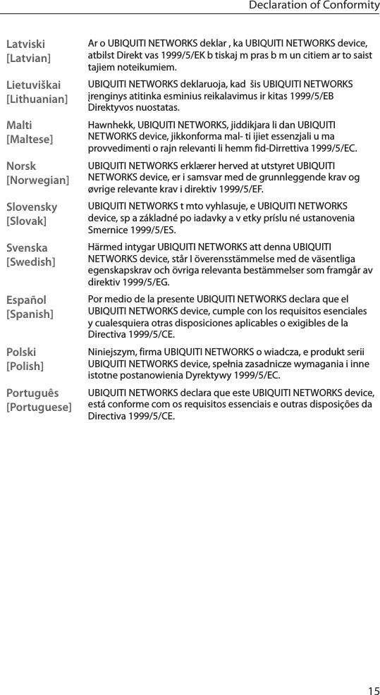 15Declaration of ConformityLatviski [Latvian]Ar o UBIQUITI NETWORKS deklar , ka UBIQUITI NETWORKS device, atbilst Direkt vas 1999/5/EK b tiskaj m pras b m un citiem ar to saist tajiem noteikumiem.Lietuviškai [Lithuanian]UBIQUITI NETWORKS deklaruoja, kad  šis UBIQUITI NETWORKS įrenginys atitinka esminius reikalavimus ir kitas 1999/5/EB Direktyvos nuostatas.Malti [Maltese]Hawnhekk, UBIQUITI NETWORKS, jiddikjara li dan UBIQUITI NETWORKS device, jikkonforma mal- ti ijiet essenzjali u ma provvedimenti o rajn relevanti li hemm fid-Dirrettiva 1999/5/EC.Norsk [Norwegian]UBIQUITI NETWORKS erklærer herved at utstyret UBIQUITI NETWORKS device, er i samsvar med de grunnleggende krav og øvrige relevante krav i direktiv 1999/5/EF.Slovensky [Slovak]UBIQUITI NETWORKS t mto vyhlasuje, e UBIQUITI NETWORKS device, sp a základné po iadavky a v etky príslu né ustanovenia Smernice 1999/5/ES.Svenska [Swedish]Härmed intygar UBIQUITI NETWORKS att denna UBIQUITI NETWORKS device, står I överensstämmelse med de väsentliga egenskapskrav och övriga relevanta bestämmelser som framgår av direktiv 1999/5/EG.Español [Spanish]Por medio de la presente UBIQUITI NETWORKS declara que el UBIQUITI NETWORKS device, cumple con los requisitos esenciales y cualesquiera otras disposiciones aplicables o exigibles de la Directiva 1999/5/CE.Polski  [Polish]Niniejszym, firma UBIQUITI NETWORKS o wiadcza, e produkt serii UBIQUITI NETWORKS device, spełnia zasadnicze wymagania i inne istotne postanowienia Dyrektywy 1999/5/EC.Português [Portuguese]UBIQUITI NETWORKS declara que este UBIQUITI NETWORKS device, está conforme com os requisitos essenciais e outras disposições da Directiva 1999/5/CE.