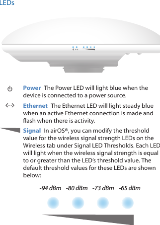 LEDsPower  The Power LED will light blue when the device is connected to a power source.Ethernet  The Ethernet LED will light steady blue when an active Ethernet connection is made and flash when there is activity.Signal  In airOS®, you can modify the threshold value for the wireless signal strength LEDs on the Wireless tab under Signal LED Thresholds. Each LED will light when the wireless signal strength is equal to or greater than the LED’s threshold value. The  default threshold values for these LEDs are shown below: -94 dBm    -80 dBm    -73 dBm    -65 dBm 