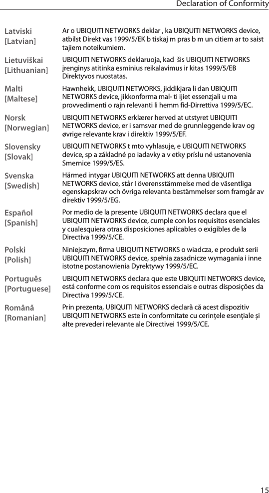 15Declaration of ConformityLatviski [Latvian]Ar o UBIQUITI NETWORKS deklar , ka UBIQUITI NETWORKS device, atbilst Direkt vas 1999/5/EK b tiskaj m pras b m un citiem ar to saist tajiem noteikumiem.Lietuviškai [Lithuanian]UBIQUITI NETWORKS deklaruoja, kad  šis UBIQUITI NETWORKS įrenginys atitinka esminius reikalavimus ir kitas 1999/5/EB Direktyvos nuostatas.Malti [Maltese]Hawnhekk, UBIQUITI NETWORKS, jiddikjara li dan UBIQUITI NETWORKS device, jikkonforma mal- ti ijiet essenzjali u ma provvedimenti o rajn relevanti li hemm fid-Dirrettiva 1999/5/EC.Norsk [Norwegian]UBIQUITI NETWORKS erklærer herved at utstyret UBIQUITI NETWORKS device, er i samsvar med de grunnleggende krav og øvrige relevante krav i direktiv 1999/5/EF.Slovensky [Slovak]UBIQUITI NETWORKS t mto vyhlasuje, e UBIQUITI NETWORKS device, sp a základné po iadavky a v etky príslu né ustanovenia Smernice 1999/5/ES.Svenska [Swedish]Härmed intygar UBIQUITI NETWORKS att denna UBIQUITI NETWORKS device, står I överensstämmelse med de väsentliga egenskapskrav och övriga relevanta bestämmelser som framgår av direktiv 1999/5/EG.Español [Spanish]Por medio de la presente UBIQUITI NETWORKS declara que el UBIQUITI NETWORKS device, cumple con los requisitos esenciales y cualesquiera otras disposiciones aplicables o exigibles de la Directiva 1999/5/CE.Polski  [Polish]Niniejszym, firma UBIQUITI NETWORKS o wiadcza, e produkt serii UBIQUITI NETWORKS device, spełnia zasadnicze wymagania i inne istotne postanowienia Dyrektywy 1999/5/EC.Português [Portuguese]UBIQUITI NETWORKS declara que este UBIQUITI NETWORKS device, está conforme com os requisitos essenciais e outras disposições da Directiva 1999/5/CE.Română [Romanian]Prin prezenta, UBIQUITI NETWORKS declară că acest dispozitiv UBIQUITI NETWORKS este în conformitate cu cerințele esențiale și alte prevederi relevante ale Directivei 1999/5/CE.