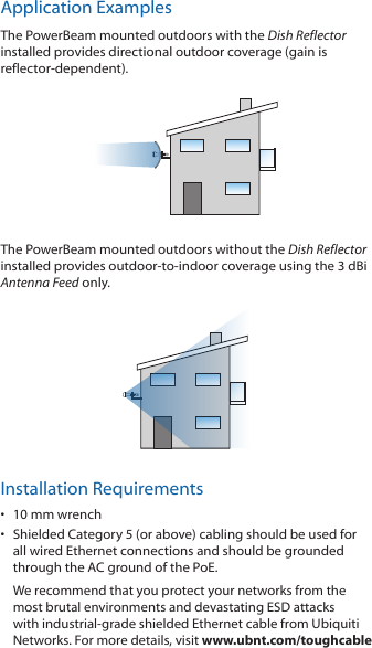 Application ExamplesThe PowerBeam mounted outdoors with the Dish Reflector installed provides directional outdoor coverage (gain is reflector-dependent).The PowerBeam mounted outdoors without the Dish Reflector installed provides outdoor-to-indoor coverage using the 3 dBi Antenna Feed only.Installation Requirements•  10 mm wrench•  Shielded Category 5 (or above) cabling should be used for all wired Ethernet connections and should be grounded through the AC ground of the PoE.We recommend that you protect your networks from the most brutal environments and devastating ESD attacks with industrial-grade shielded Ethernet cable from Ubiquiti Networks. For more details, visit www.ubnt.com/toughcable