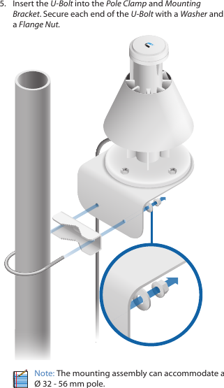 5.  Insert the U-Bolt into the Pole Clamp and Mounting Bracket. Secure each end of the U-Bolt with a Washer and a FlangeNut.Note: The mounting assembly can accommodate a  Ø 32 - 56 mm pole.