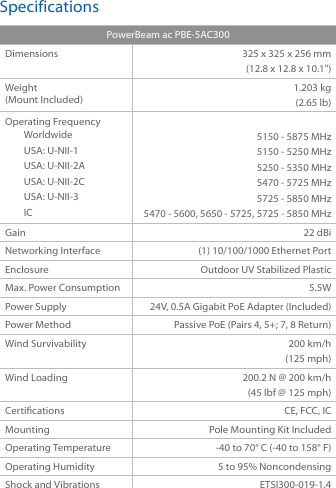 SpecificationsPowerBeam ac PBE-5AC300Dimensions 325 x 325 x 256 mm(12.8 x 12.8 x 10.1&quot;)Weight  (Mount Included)1.203 kg(2.65 lb)Operating FrequencyWorldwideUSA: U-NII-1USA: U-NII-2AUSA: U-NII-2CUSA: U-NII-3IC5150 - 5875 MHz5150 - 5250 MHz5250 - 5350 MHz5470 - 5725 MHz5725 - 5850 MHz5470 - 5600, 5650 - 5725, 5725 - 5850 MHzGain 22 dBiNetworking Interface (1) 10/100/1000 Ethernet PortEnclosure Outdoor UV Stabilized PlasticMax. Power Consumption 5.5WPower Supply 24V, 0.5A Gigabit PoE Adapter (Included)Power Method Passive PoE (Pairs 4, 5+; 7, 8 Return)Wind Survivability 200 km/h(125 mph)Wind Loading 200.2 N @ 200 km/h(45 lbf @ 125 mph)Certications CE, FCC, ICMounting Pole Mounting Kit IncludedOperating Temperature -40 to 70° C (-40 to 158° F)Operating Humidity 5 to 95% NoncondensingShock and Vibrations ETSI300-019-1.4