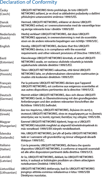 Declaration of ConformityČesky  [Czech]UBIQUITI NETWORKS tímto prohlašuje, že toto UBIQUITI NETWORKS zařízení, je ve shod se základními požadavky a dalšími příslušnými ustanoveními směrnice 1999/5/ES.Dansk [Danish]Hermed, UBIQUITI NETWORKS, erklærer at denne UBIQUITI NETWORKS enhed, er i overensstemmelse med de væsentlige krav og øvrige relevante krav i direktiv 1999/5/EF.Nederlands [Dutch]Hierbij verklaart UBIQUITI NETWORKS, dat deze UBIQUITI NETWORKS apparaat, in overeenstemming is met de essentiële eisen en de andere relevante bepalingen van richtlijn 1999/5/EC.English Hereby, UBIQUITI NETWORKS, declares that this UBIQUITI NETWORKS device, is in compliance with the essential requirements and other relevant provisions of Directive 1999/5/EC.Eesti [Estonian]Käesolevaga UBIQUITI NETWORKS kinnitab, et antud UBIQUITI NETWORKS seade, on vastavus olulistele nõuetele ja teistele asjakohastele sätetele direktiivi 1999/5/EÜ.Suomi [Finnish]Täten UBIQUITI NETWORKS vakuuttaa, että tämä UBIQUITI NETWORKS laite, on yhdenmukainen olennaisten vaatimusten ja muiden sitä koskevien direktiivin 1999/5/EY.Français [French]Par la présente UBIQUITI NETWORKS déclare que l’appareil UBIQUITI NETWORKS, est conforme aux exigences essentielles et aux autres dispositions pertinentes de la directive 1999/5/CE.Deutsch [German]Hiermit erklärt UBIQUITI NETWORKS, dass sich dieses UBIQUITI NETWORKS Gerät, in Übereinstimmung mit den grundlegenden Anforderungen und den anderen relevanten Vorschriften der Richtlinie 1999/5/EG befindet.Ελληνική [Greek]Δια του παρόντος, UBIQUITI NETWORKS, δηλώνει ότι αυτή η συσκευή UBIQUITI NETWORKS, είναι σε συμμόρφωση με τις βασικές απαιτήσεις και τις λοιπές σχετικές διατάξεις της οδηγίας 1995/5/ΕΚ.Magyar [Hungarian]Ezennel UBIQUITI NETWORKS kijelenti, hogy ez a UBIQUITI NETWORKS készülék megfelel az alapvető követelményeknek és más vonatkozó 1999/5/EK irányelv rendelkezéseit.Íslenska [Icelandic]Hér, UBIQUITI NETWORKS, því yfir að þetta UBIQUITI NETWORKS tæki er í samræmi við grunnkröfur og önnur viðeigandi ákvæði tilskipun 1999/5/EC.Italiano [Italian]Con la presente, UBIQUITI NETWORKS, dichiara che questo dispositivo UBIQUITI NETWORKS, è conforme ai requisiti essenziali ed alle altre disposizioni pertinenti della direttiva 1999/5/CE.Latviski [Latvian]Ar šo, UBIQUITI NETWORKS, deklarē, ka UBIQUITI NETWORKS ierīce, ir saskaņā ar būtiskajām prasībām un citiem attiecīgiem noteikumiem Direktīvā 1999/5/EK.Lietuviškai [Lithuanian]UBIQUITI NETWORKS deklaruoja, kad šis UBIQUITI NETWORKS įrenginys atitinka esminius reikalavimus ir kitas 1999/5/EB Direktyvos nuostatas.