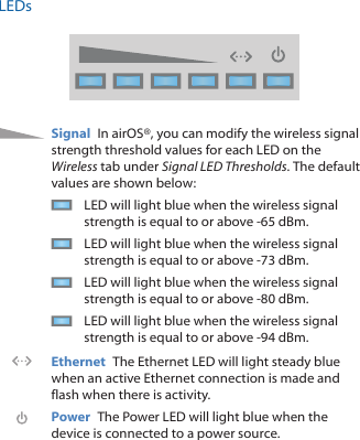 LEDsSignal  In airOS®, you can modify the wireless signal strength threshold values for each LED on the Wireless tab under Signal LED Thresholds. The default values are shown below:LED will light blue when the wireless signal strength is equal to or above -65 dBm.LED will light blue when the wireless signal strength is equal to or above -73 dBm.LED will light blue when the wireless signal strength is equal to or above -80 dBm.LED will light blue when the wireless signal strength is equal to or above -94 dBm.Ethernet  The Ethernet LED will light steady blue when an active Ethernet connection is made and flash when there is activity.Power  The Power LED will light blue when the device is connected to a power source.