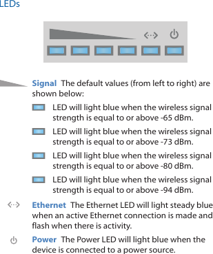 LEDsSignal  The default values (from left to right) are shown below:LED will light blue when the wireless signal strength is equal to or above -65 dBm.LED will light blue when the wireless signal strength is equal to or above -73 dBm.LED will light blue when the wireless signal strength is equal to or above -80 dBm.LED will light blue when the wireless signal strength is equal to or above -94 dBm.Ethernet  The Ethernet LED will light steady blue when an active Ethernet connection is made and flash when there is activity.Power  The Power LED will light blue when the device is connected to a power source.