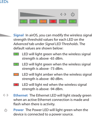 LEDsSignal  In airOS, you can modify the wireless signal strength threshold values for each LED on the Advanced tab under Signal LED Thresholds. The default values are shown below:LED will light green when the wireless signal strength is above -65 dBm.LED will light green when the wireless signal strength is above -73 dBm.LED will light amber when the wireless signal strength is above -80 dBm.LED will light red when the wireless signal strength is above -94 dBm.Ethernet  The Ethernet LED will light steady green when an active Ethernet connection is made and flash when there is activity.Power  The Power LED will light green when the device is connected to a power source.