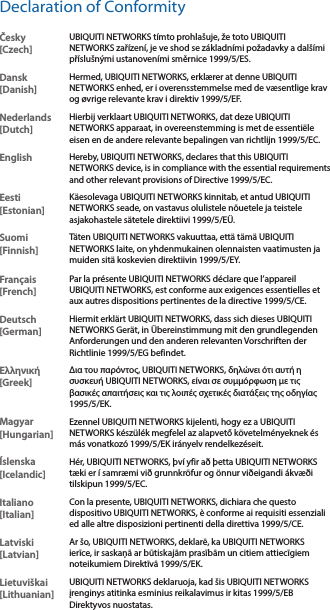 Declaration of ConformityČesky  [Czech]UBIQUITI NETWORKS tímto prohlašuje, že toto UBIQUITI NETWORKS zařízení, je ve shod se základními požadavky a dalšími příslušnými ustanoveními směrnice 1999/5/ES.Dansk [Danish]Hermed, UBIQUITI NETWORKS, erklærer at denne UBIQUITI NETWORKS enhed, er i overensstemmelse med de væsentlige krav og øvrige relevante krav i direktiv 1999/5/EF.Nederlands [Dutch]Hierbij verklaart UBIQUITI NETWORKS, dat deze UBIQUITI NETWORKS apparaat, in overeenstemming is met de essentiële eisen en de andere relevante bepalingen van richtlijn 1999/5/EC.EnglishHereby, UBIQUITI NETWORKS, declares that this UBIQUITI NETWORKS device, is in compliance with the essential requirements and other relevant provisions of Directive 1999/5/EC.Eesti [Estonian]Käesolevaga UBIQUITI NETWORKS kinnitab, et antud UBIQUITI NETWORKS seade, on vastavus olulistele nõuetele ja teistele asjakohastele sätetele direktiivi 1999/5/EÜ.Suomi [Finnish]Täten UBIQUITI NETWORKS vakuuttaa, että tämä UBIQUITI NETWORKS laite, on yhdenmukainen olennaisten vaatimusten ja muiden sitä koskevien direktiivin 1999/5/EY.Français [French]Par la présente UBIQUITI NETWORKS déclare que l’appareil UBIQUITI NETWORKS, est conforme aux exigences essentielles et aux autres dispositions pertinentes de la directive 1999/5/CE.Deutsch [German]Hiermit erklärt UBIQUITI NETWORKS, dass sich dieses UBIQUITI NETWORKS Gerät, in Übereinstimmung mit den grundlegenden Anforderungen und den anderen relevanten Vorschriften der Richtlinie 1999/5/EG befindet.Ελληνική [Greek]Δια του παρόντος, UBIQUITI NETWORKS, δηλώνει ότι αυτή η συσκευή UBIQUITI NETWORKS, είναι σε συμμόρφωση με τις βασικές απαιτήσεις και τις λοιπές σχετικές διατάξεις της οδηγίας 1995/5/ΕΚ.Magyar [Hungarian]Ezennel UBIQUITI NETWORKS kijelenti, hogy ez a UBIQUITI NETWORKS készülék megfelel az alapvető követelményeknek és más vonatkozó 1999/5/EK irányelv rendelkezéseit.Íslenska [Icelandic]Hér, UBIQUITI NETWORKS, því yfir að þetta UBIQUITI NETWORKS tæki er í samræmi við grunnkröfur og önnur viðeigandi ákvæði tilskipun 1999/5/EC.Italiano [Italian]Con la presente, UBIQUITI NETWORKS, dichiara che questo dispositivo UBIQUITI NETWORKS, è conforme ai requisiti essenziali ed alle altre disposizioni pertinenti della direttiva 1999/5/CE.Latviski [Latvian]Ar šo, UBIQUITI NETWORKS, deklarē, ka UBIQUITI NETWORKS ierīce, ir saskaņā ar būtiskajām prasībām un citiem attiecīgiem noteikumiem Direktīvā 1999/5/EK.Lietuviškai [Lithuanian]UBIQUITI NETWORKS deklaruoja, kad šis UBIQUITI NETWORKS įrenginys atitinka esminius reikalavimus ir kitas 1999/5/EB Direktyvos nuostatas.