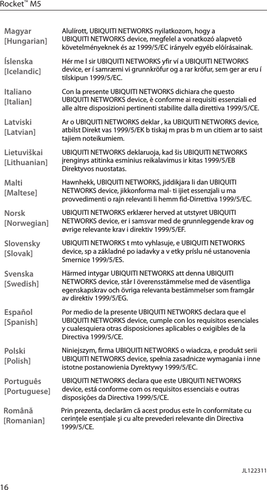 16Rocket™ M5Magyar [Hungarian]Alulírott, UBIQUITI NETWORKS nyilatkozom, hogy a UBIQUITI NETWORKS device, megfelel a vonatkozó alapvetõ követelményeknek és az 1999/5/EC irányelv egyéb elõírásainak.Íslenska [Icelandic]Hér me l sir UBIQUITI NETWORKS yfir ví a UBIQUITI NETWORKS device, er í samræmi vi grunnkröfur og a rar kröfur, sem ger ar eru í tilskipun 1999/5/EC.Italiano [Italian]Con la presente UBIQUITI NETWORKS dichiara che questo UBIQUITI NETWORKS device, è conforme ai requisiti essenziali ed alle altre disposizioni pertinenti stabilite dalla direttiva 1999/5/CE.Latviski [Latvian]Ar o UBIQUITI NETWORKS deklar , ka UBIQUITI NETWORKS device, atbilst Direkt vas 1999/5/EK b tiskaj m pras b m un citiem ar to saist tajiem noteikumiem.Lietuviškai [Lithuanian]UBIQUITI NETWORKS deklaruoja, kad šis UBIQUITI NETWORKS įrenginys atitinka esminius reikalavimus ir kitas 1999/5/EB Direktyvos nuostatas.Malti [Maltese]Hawnhekk, UBIQUITI NETWORKS, jiddikjara li dan UBIQUITI NETWORKS device, jikkonforma mal- ti ijiet essenzjali u ma provvedimenti o rajn relevanti li hemm fid-Dirrettiva 1999/5/EC.Norsk [Norwegian]UBIQUITI NETWORKS erklærer herved at utstyret UBIQUITI NETWORKS device, er i samsvar med de grunnleggende krav og øvrige relevante krav i direktiv 1999/5/EF.Slovensky [Slovak]UBIQUITI NETWORKS t mto vyhlasuje, e UBIQUITI NETWORKS device, sp a základné po iadavky a v etky príslu né ustanovenia Smernice 1999/5/ES.Svenska [Swedish]Härmed intygar UBIQUITI NETWORKS att denna UBIQUITI NETWORKS device, står I överensstämmelse med de väsentliga egenskapskrav och övriga relevanta bestämmelser som framgår av direktiv 1999/5/EG.Español [Spanish]Por medio de la presente UBIQUITI NETWORKS declara que el UBIQUITI NETWORKS device, cumple con los requisitos esenciales y cualesquiera otras disposiciones aplicables o exigibles de la Directiva 1999/5/CE.Polski  [Polish]Niniejszym, firma UBIQUITI NETWORKS o wiadcza, e produkt serii UBIQUITI NETWORKS device, spełnia zasadnicze wymagania i inne istotne postanowienia Dyrektywy 1999/5/EC.Português [Portuguese]UBIQUITI NETWORKS declara que este UBIQUITI NETWORKS device, está conforme com os requisitos essenciais e outras disposições da Directiva 1999/5/CE.Română [Romanian]Prin prezenta, declarăm că acest produs este în conformitate cu cerinţele esenţiale şi cu alte prevederi relevante din Directiva 1999/5/CE.JL122311