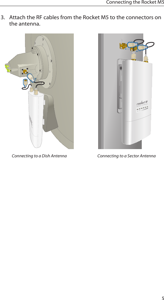 5Connecting the Rocket M53.  Attach the RF cables from the Rocket M5 to the connectors on the antenna.Connecting to a Dish Antenna Connecting to a Sector Antenna