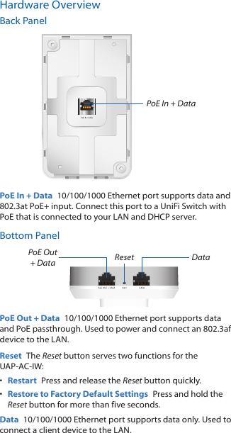 Hardware OverviewBack PanelPoE In + DataPoE In + Data  10/100/1000 Ethernet port supports data and 802.3at PoE+ input. Connect this port to a UniFi Switch with PoE that is connected to your LAN and DHCP server.Bottom PanelDataResetPoE Out + DataPoE Out + Data  10/100/1000 Ethernet port supports data and PoE passthrough. Used to power and connect an 802.3af device to the LAN. Reset  The Reset button serves two functions for the UAP‑AC‑IW:•  Restart  Press and release the Reset button quickly.•  Restore to Factory Default Settings  Press and hold the Reset button for more than five seconds.Data  10/100/1000 Ethernet port supports data only. Used to connect a client device to the LAN.
