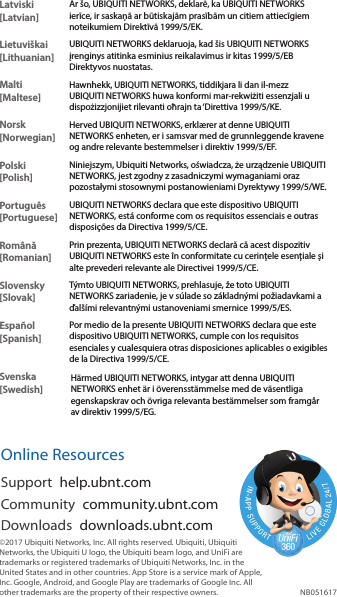 Latviski [Latvian]Ar šo, UBIQUITI NETWORKS, deklarē, ka UBIQUITI NETWORKS ierīce, ir saskaņā ar būtiskajām prasībām un citiem attiecīgiem noteikumiem Direktīvā 1999/5/EK.Lietuviškai [Lithuanian]UBIQUITI NETWORKS deklaruoja, kad šis UBIQUITI NETWORKS įrenginys atitinka esminius reikalavimus ir kitas 1999/5/EB Direktyvos nuostatas.Malti [Maltese]Hawnhekk, UBIQUITI NETWORKS, tiddikjara li dan il-mezz UBIQUITI NETWORKS huwa konformi mar-rekwiżiti essenzjali u dispożizzjonijiet rilevanti oħrajn ta ‘Direttiva 1999/5/KE.Norsk [Norwegian]Herved UBIQUITI NETWORKS, erklærer at denne UBIQUITI NETWORKS enheten, er i samsvar med de grunnleggende kravene og andre relevante bestemmelser i direktiv 1999/5/EF.Polski  [Polish]Niniejszym, Ubiquiti Networks, oświadcza, że   urządzenie UBIQUITI NETWORKS, jest zgodny z zasadniczymi wymaganiami oraz pozostałymi stosownymi postanowieniami Dyrektywy 1999/5/WE.Português [Portuguese]UBIQUITI NETWORKS declara que este dispositivo UBIQUITI NETWORKS, está conforme com os requisitos essenciais e outras disposições da Directiva 1999/5/CE.Română [Romanian]Prin prezenta, UBIQUITI NETWORKS declară că acest dispozitiv UBIQUITI NETWORKS este în conformitate cu cerințele esențiale și alte prevederi relevante ale Directivei 1999/5/CE.Slovensky [Slovak]Týmto UBIQUITI NETWORKS, prehlasuje, že toto UBIQUITI NETWORKS zariadenie, je v súlade so základnými požiadavkami a ďalšími relevantnými ustanoveniami smernice 1999/5/ES.Español [Spanish]Por medio de la presente UBIQUITI NETWORKS declara que este dispositivo UBIQUITI NETWORKS, cumple con los requisitos esenciales y cualesquiera otras disposiciones aplicables o exigibles de la Directiva 1999/5/CE.Svenska [Swedish]Härmed UBIQUITI NETWORKS, intygar att denna UBIQUITI NETWORKS enhet är i överensstämmelse med de väsentliga egenskapskrav och övriga relevanta bestämmelser som framgår av direktiv 1999/5/EG.Online ResourcesSupport  help.ubnt.comCommunity  community.ubnt.comDownloads  downloads.ubnt.com©2017 Ubiquiti Networks, Inc. All rights reserved. Ubiquiti, Ubiquiti Networks, the Ubiquiti U logo, the Ubiquiti beam logo, and UniFi are trademarks or registered trademarks of Ubiquiti Networks, Inc. in the United States and in other countries. App Store is a service mark of Apple, Inc. Google, Android, and Google Play are trademarks of Google Inc. All other trademarks are the property of their respective owners. NB051617