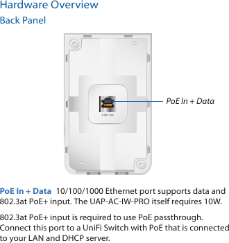 Hardware OverviewBack PanelPoE In + DataPoE In + Data  10/100/1000 Ethernet port supports data and 802.3at PoE+ input. The UAP‑AC‑IW‑PRO itself requires 10W.802.3at PoE+ input is required to use PoE passthrough. Connect this port to a UniFi Switch with PoE that is connected to your LAN and DHCP server.