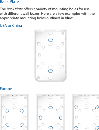 Back PlateThe Back Plate offers a variety of mounting holes for use with different wall boxes. Here are a few examples with the appropriate mounting holes outlined in blue:USA or ChinaEurope