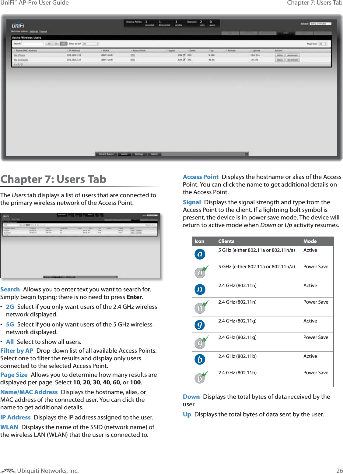 26Chapter 7: Users TabUniFi™ AP-Pro User Guide Ubiquiti Networks, Inc.Chapter 7: Users TabThe Users tab displays a list of users that are connected to the primary wireless network of the Access Point.Search  Allows you to enter text you want to search for. Simply begin typing; there is no need to press Enter. 2G Select if you only want users of the 2.4 GHz wireless network displayed. 5G  Select if you only want users of the 5 GHz wireless network displayed. All  Select to show all users.Filter by AP  Drop-down list of all available Access Points. Select one to filter the results and display only users connected to the selected Access Point.Page Size  Allows you to determine how many results are displayed per page. Select 10, 20, 30, 40, 60, or 100. Name/MAC Address  Displays the hostname, alias, or MAC address of the connected user. You can click the name to get additional details.IP Address  Displays the IP address assigned to the user.WLAN  Displays the name of the SSID (network name) of the wireless LAN (WLAN) that the user is connected to.Access Point  Displays the hostname or alias of the Access Point. You can click the name to get additional details on the Access Point.Signal  Displays the signal strength and type from the Access Point to the client. If a lightning bolt symbol is present, the device is in power save mode. The device will return to active mode when Down or Up activity resumes.Icon Clients Modea5 GHz (either 802.11a or 802.11n/a) Activea5 GHz (either 802.11a or 802.11n/a) Power Saven2.4 GHz (802.11n) Activen2.4 GHz (802.11n) Power Saveg2.4 GHz (802.11g) Activeg2.4 GHz (802.11g) Power Saveb2.4 GHz (802.11b) Activeb2.4 GHz (802.11b) Power SaveDown  Displays the total bytes of data received by the user.Up  Displays the total bytes of data sent by the user.