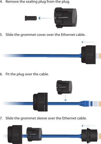 4.  Remove the sealing plug from the plug.5.  Slide the grommet cover over the Ethernet cable.6.  Fit the plug over the cable.7.  Slide the grommet sleeve over the Ethernet cable.
