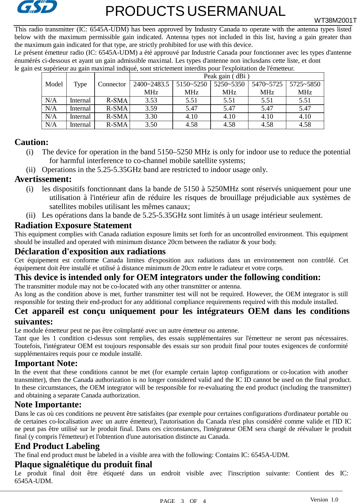   PRODUCTS USERMANUAL WT38M2001T  This radio transmitter (IC: 6545A-UDM) has been approved by Industry Canada to operate with the antenna types listed below with the maximum permissible gain indicated. Antenna types not included in this list, having a gain greater than the maximum gain indicated for that type, are strictly prohibited for use with this device. Le présent émetteur radio (IC: 6545A-UDM) a été approuvé par Industrie Canada pour fonctionner avec les types d&apos;antenne énumérés ci-dessous et ayant un gain admissible maximal. Les types d&apos;antenne non inclusdans cette liste, et dont le gain est supérieur au gain maximal indiqué, sont strictement interdits pour l&apos;exploitation de l&apos;émetteur. Peak gain ( dBi ) Model  Type  Connector  2400~2483.5 MHz  5150~5250 MHz  5250~5350 MHz  5470~5725 MHz  5725~5850 MHz N/A  Internal  3.53  5.51  5.51  5.51  5.51 N/A  Internal  R-SMA  3.59  5.47  5.47  5.47  5.47 N/A  Internal  R-SMA  3.30  4.10  4.10  4.10  4.10 N/A  Internal  R-SMA  3.50  4.58  4.58  4.58  4.58  Caution: (i) The device for operation in the band 5150–5250 MHz is only for indoor use to reduce the potential for harmful interference to co-channel mobile satellite systems; (ii) Operations in the 5.25-5.35GHz band are restricted to indoor usage only. Avertissement: (i) les dispositifs fonctionnant dans la bande de 5150 à 5250MHz sont réservés uniquement pour une utilisation à l&apos;intérieur afin de réduire les risques de brouillage préjudiciable aux systèmes de satellites mobiles utilisant les mêmes canaux; (ii) Les opérations dans la bande de 5.25-5.35GHz sont limités à un usage intérieur seulement. Radiation Exposure Statement This equipment complies with Canada radiation exposure limits set forth for an uncontrolled environment. This equipment should be installed and operated with minimum distance 20cm between the radiator &amp; your body. Déclaration d&apos;exposition aux radiations Cet  équipement  est  conforme  Canada  limites  d&apos;exposition  aux  radiations  dans  un  environnement  non  contrôlé.  Cet équipement doit être installé et utilisé à distance minimum de 20cm entre le radiateur et votre corps. This device is intended only for OEM integrators under the following condition: The transmitter module may not be co-located with any other transmitter or antenna. As long as the condition above is met, further transmitter test will not be required. However, the OEM integrator is still responsible for testing their end-product for any additional compliance requirements required with this module installed. Cet  appareil  est  conçu  uniquement  pour  les  intégrateurs  OEM  dans  les  conditions suivantes: Le module émetteur peut ne pas être coïmplanté avec un autre émetteur ou antenne. Tant  que  les  1  condition  ci-dessus  sont  remplies,  des  essais  supplémentaires  sur  l&apos;émetteur  ne  seront  pas  nécessaires. Toutefois, l&apos;intégrateur OEM est toujours responsable des essais sur son produit final pour toutes exigences de conformité supplémentaires requis pour ce module installé. Important Note: In the event that these conditions cannot be met (for example certain laptop configurations or co-location with another transmitter), then the Canada authorization is no longer considered valid and the IC ID cannot be used on the final product. In these circumstances, the OEM integrator will be responsible for re-evaluating the end product (including the transmitter) and obtaining a separate Canada authorization. Note Importante: Dans le cas où ces conditions ne peuvent être satisfaites (par exemple pour certaines configurations d&apos;ordinateur portable ou de certaines co-localisation avec un autre émetteur), l&apos;autorisation du Canada n&apos;est plus considéré comme valide et l&apos;ID IC ne peut pas être utilisé sur le produit final. Dans ces circonstances, l&apos;intégrateur OEM sera chargé de réévaluer le produit final (y compris l&apos;émetteur) et l&apos;obtention d&apos;une autorisation distincte au Canada. End Product Labeling The final end product must be labeled in a visible area with the following: Contains IC: 6545A-UDM. Plaque signalétique du produit final Le   produit   final   doit   être   étiqueté   dans   un   endroit   visible   avec   l&apos;inscription   suivante:   Contient   des   IC: 6545A-UDM. Version  1.0 PAGE    3    OF    4  