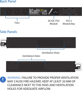 Back PanelAC/DC PSU ModulePSU 2 Module BayFansSide PanelsVentilation HolesVentilation HolesWARNING: FAILURE TO PROVIDE PROPER VENTILATION MAY CAUSE FIRE HAZARD. KEEP AT LEAST 20 MM OF CLEARANCE NEXT TO THE FANS AND VENTILATION HOLES FOR ADEQUATE AIRFLOW.