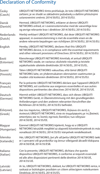 Declaration of ConformityČesky  [Czech]UBIQUITI NETWORKS tímto prohlašuje, že toto UBIQUITI NETWORKS zařízení, je ve shodě se základními požadavky a dalšími příslušnými ustanoveními směrnic 2014/30/EU, 2014/35/EU.Dansk [Danish]Hermed, UBIQUITI NETWORKS, erklærer at denne UBIQUITI NETWORKS enhed, er i overensstemmelse med de væsentlige krav og øvrige relevante krav i direktiver 2014/30/EU, 2014/35/EU.Nederlands [Dutch]Hierbij verklaart UBIQUITI NETWORKS, dat deze UBIQUITI NETWORKS apparaat, in overeenstemming is met de essentiële eisen en de andere relevante bepalingen van richtlijnen 2014/30/EU, 2014/35/EU.English Hereby, UBIQUITI NETWORKS, declares that this UBIQUITI NETWORKS device, is in compliance with the essential requirements and other relevant provisions of Directives 2014/30/EU, 2014/35/EU.Eesti [Estonian]Käesolevaga UBIQUITI NETWORKS kinnitab, et antud UBIQUITI NETWORKS seade, on vastavus olulistele nõuetele ja teistele asjakohastele sätetele direktiivide 2014/30/EL, 2014/35/EL.Suomi [Finnish]Täten UBIQUITI NETWORKS vakuuttaa, että tämä UBIQUITI NETWORKS laite, on yhdenmukainen olennaisten vaatimusten ja muiden sitä koskevien direktiivien 2014/30/EU, 2014/35/EU.Français [French]Par la présente UBIQUITI NETWORKS déclare que l’appareil UBIQUITI NETWORKS, est conforme aux exigences essentielles et aux autres dispositions pertinentes des directives 2014/30/UE, 2014/35/UE.Deutsch [German]Hiermit erklärt UBIQUITI NETWORKS, dass sich dieses UBIQUITI NETWORKS Gerät, in Übereinstimmung mit den grundlegenden Anforderungen und den anderen relevanten Vorschriften der Richtlinien 2014/30/EU, 2014/35/EU befindet.Ελληνική [Greek]Δια του παρόντος, UBIQUITI NETWORKS, δηλώνει ότι αυτή η συσκευή UBIQUITI NETWORKS, είναι σε συμμόρφωση με τις βασικές απαιτήσεις και τις λοιπές σχετικές διατάξεις των οδηγιών  2014/30/ΕE, 2014/35/ΕE.Magyar [Hungarian]Ezennel UBIQUITI NETWORKS kijelenti, hogy ez a UBIQUITI NETWORKS készülék megfelel az alapvető követelményeknek és más vonatkozó 2014/30/EU, 2014/35/EU irányelvek rendelkezéseit.Íslenska [Icelandic]Hér, UBIQUITI NETWORKS, því yfir að þetta UBIQUITI NETWORKS tæki er í samræmi við grunnkröfur og önnur viðeigandi ákvæði tilskipana 2014/30/ESB, 2014/35/ESB.Italiano [Italian]Con la presente, UBIQUITI NETWORKS, dichiara che questo dispositivo UBIQUITI NETWORKS, è conforme ai requisiti essenziali ed alle altre disposizioni pertinenti delle direttive 2014/30/UE, 2014/35/UE.Latviski [Latvian]Ar šo, UBIQUITI NETWORKS, deklarē, ka UBIQUITI NETWORKS ierīce, ir saskaņā ar būtiskajām prasībām un citiem attiecīgiem noteikumiem Direktīvās 2014/30/ES, 2014/35/ES.