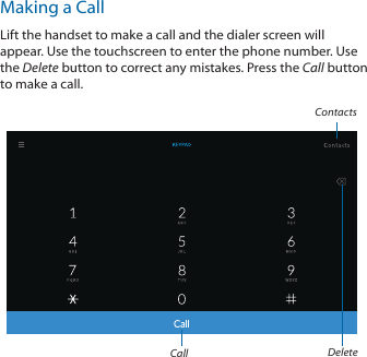 Making a CallLift the handset to make a call and the dialer screen will appear. Use the touchscreen to enter the phone number. Use the Delete button to correct any mistakes. Press the Call button to make a call.DeleteContactsCall