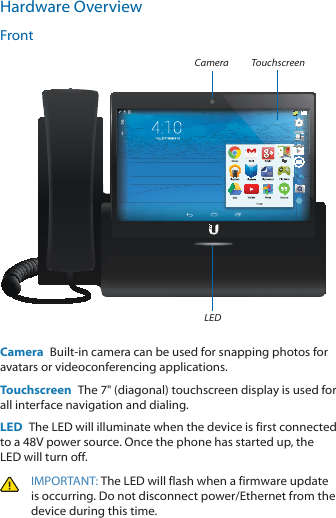 Hardware OverviewFrontCameraLEDTouchscreenCamera  Built-in camera can be used for snapping photos for avatars or videoconferencing applications.Touchscreen  The 7&quot; (diagonal) touchscreen display is used for all interface navigation and dialing.LED  The LED will illuminate when the device is first connected to a 48V power source. Once the phone has started up, the LED will turn off.  IMPORTANT: The LED will flash when a firmware update is occurring. Do not disconnect power/Ethernet from the device during this time. 