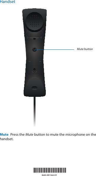 HandsetMute buttonMute  Press the Mute button to mute the microphone on the handset.*640-00144-01*640-00144-01