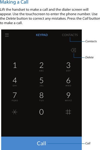 Making a CallLift the handset to make a call and the dialer screen will appear. Use the touchscreen to enter the phone number. Use the Delete button to correct any mistakes. Press the Call button to make a call.JKLGHIABC DEFMNOTUVPQRS WXYZKEYPAD CONTACTS2 315 648097CallDeleteContactsCall