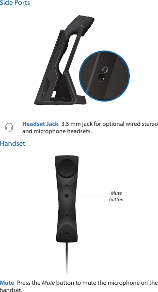 Side PortsHeadset Jack  3.5 mm jack for optional wired stereo and microphone headsets. HandsetMute buttonMute  Press the Mute button to mute the microphone on the handset.