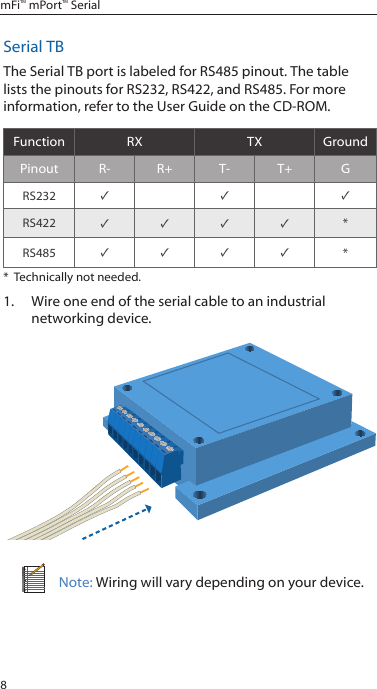 8mFi™ mPort™ SerialSerial TBThe Serial TB port is labeled for RS485 pinout. The table lists the pinouts for RS232, RS422, and RS485. For more information, refer to the User Guide on the CD-ROM.Function RX TX GroundPinout R- R+ T- T+ GRS232 ✓ ✓ ✓RS422 ✓✓✓✓ *RS485 ✓✓✓✓ **  Technically not needed.1.  Wire one end of the serial cable to an industrial networking device.Note: Wiring will vary depending on your device.