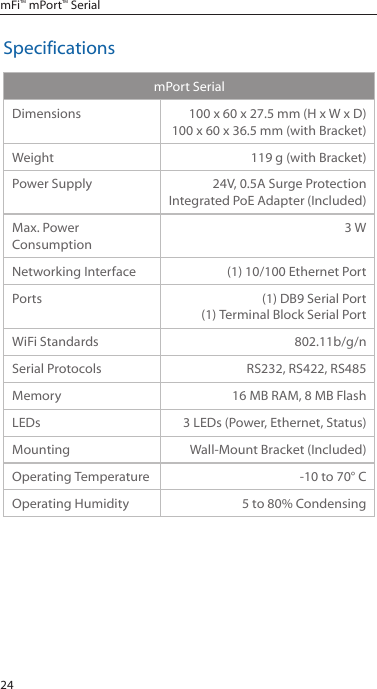 24mFi™ mPort™ SerialSpecificationsmPort SerialDimensions 100 x 60 x 27.5 mm (H x W x D) 100 x 60 x 36.5 mm (with Bracket) Weight 119 g (with Bracket)Power Supply 24V, 0.5A Surge Protection  Integrated PoE Adapter (Included)Max. Power Consumption3 WNetworking Interface (1) 10/100 Ethernet PortPorts (1) DB9 Serial Port(1) Terminal Block Serial PortWiFi Standards 802.11b/g/nSerial Protocols RS232, RS422, RS485Memory 16 MB RAM, 8 MB FlashLEDs 3 LEDs (Power, Ethernet, Status)Mounting Wall-Mount Bracket (Included)Operating Temperature -10 to 70° COperating Humidity 5 to 80% Condensing