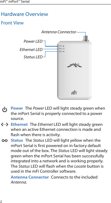 2mFi™ mPort™ SerialHardware OverviewFront ViewAntenna ConnectorPower LEDEthernet LEDStatus LEDPower  The Power LED will light steady green when the mPort Serial is properly connected to a power source. Ethernet  The Ethernet LED will light steady green when an active Ethernet connection is made and flash when there is activity. Status  The Status LED will light yellow when the mPort Serial is first powered on in factory default mode out of the box. The Status LED will light steady green when the mPort Serial has been successfully integrated into a network and is working properly. The Status LED will flash when the Locate button is used in the mFi Controller software.Antenna Connector  Connects to the included Antenna.