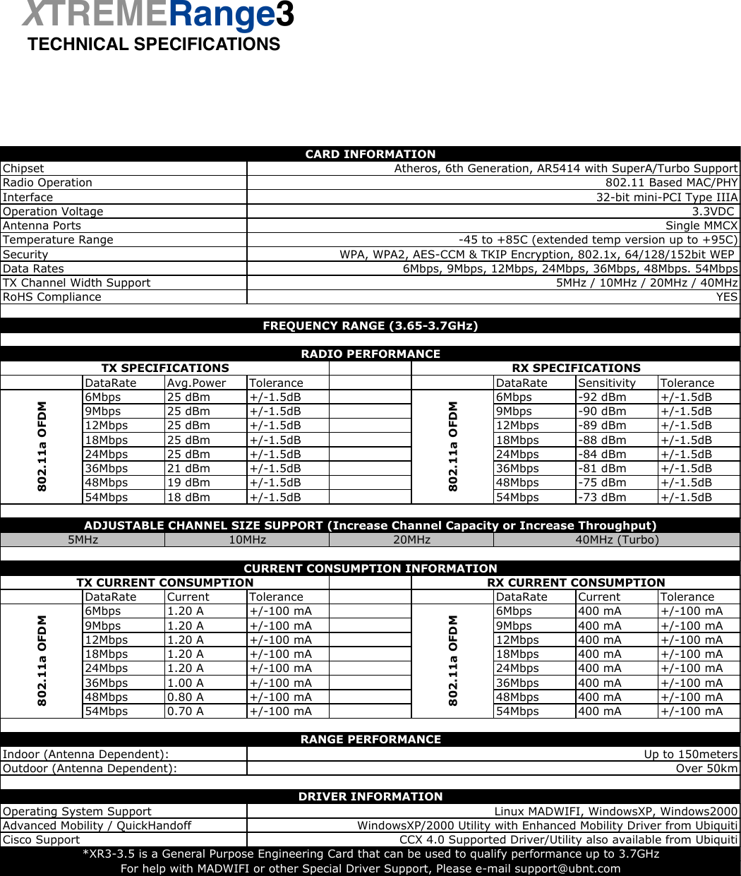 TECHNICAL SPECIFICATIONSXTREMERange3DataRate Avg.Power Tolerance DataRate Sensitivity Tolerance6Mbps 25 dBm +/-1.5dB 6Mbps -92 dBm +/-1.5dB9Mbps 25 dBm +/-1.5dB 9Mbps -90 dBm +/-1.5dB12Mbps 25 dBm +/-1.5dB 12Mbps -89 dBm +/-1.5dB18Mbps 25 dBm +/-1.5dB 18Mbps -88 dBm +/-1.5dB24Mbps 25 dBm +/-1.5dB 24Mbps -84 dBm +/-1.5dB36Mbps 21 dBm +/-1.5dB 36Mbps -81 dBm +/-1.5dB48Mbps 19 dBm +/-1.5dB 48Mbps -75 dBm +/-1.5dB54Mbps 18 dBm +/-1.5dB 54Mbps -73 dBm +/-1.5dBDataRate Current  Tolerance DataRate Current  Tolerance6Mbps 1.20 A +/-100 mA 6Mbps 400 mA +/-100 mA9Mbps 1.20 A +/-100 mA 9Mbps 400 mA +/-100 mA12Mbps 1.20 A +/-100 mA 12Mbps 400 mA +/-100 mA18Mbps 1.20 A +/-100 mA 18Mbps 400 mA +/-100 mA24Mbps 1.20 A +/-100 mA 24Mbps 400 mA +/-100 mA36Mbps 1.00 A +/-100 mA 36Mbps 400 mA +/-100 mA48Mbps 0.80 A +/-100 mA 48Mbps 400 mA +/-100 mA54Mbps 0.70 A +/-100 mA 54Mbps 400 mA +/-100 mAIndoor (Antenna Dependent):Outdoor (Antenna Dependent):*XR3-3.5 is a General Purpose Engineering Card that can be used to qualify performance up to 3.7GHzCARD INFORMATIONRadio Operation802.11 Based MAC/PHYInterface32-bit mini-PCI Type IIIAChipsetAtheros, 6th Generation, AR5414 with SuperA/Turbo SupportOperation Voltage3.3VDC Antenna PortsSingle MMCXTemperature Range -45 to +85C (extended temp version up to +95C)SecurityWPA, WPA2, AES-CCM &amp; TKIP Encryption, 802.1x, 64/128/152bit WEP Data Rates6Mbps, 9Mbps, 12Mbps, 24Mbps, 36Mbps, 48Mbps. 54MbpsRoHS ComplianceYESTX Channel Width Support5MHz / 10MHz / 20MHz / 40MHzFREQUENCY RANGE (3.65-3.7GHz)Up to 150metersRANGE PERFORMANCERADIO PERFORMANCETX SPECIFICATIONSRX SPECIFICATIONS20MHz10MHz5MHz802.11a OFDMOperating System SupportLinux MADWIFI, WindowsXP, Windows2000802.11a OFDM802.11a OFDMADJUSTABLE CHANNEL SIZE SUPPORT (Increase Channel Capacity or Increase Throughput)CURRENT CONSUMPTION INFORMATIONOver 50km40MHz (Turbo)RX CURRENT CONSUMPTIONTX CURRENT CONSUMPTION802.11a OFDMFor help with MADWIFI or other Special Driver Support, Please e-mail support@ubnt.comAdvanced Mobility / QuickHandoffWindowsXP/2000 Utility with Enhanced Mobility Driver from UbiquitiCisco SupportCCX 4.0 Supported Driver/Utility also available from UbiquitiDRIVER INFORMATION