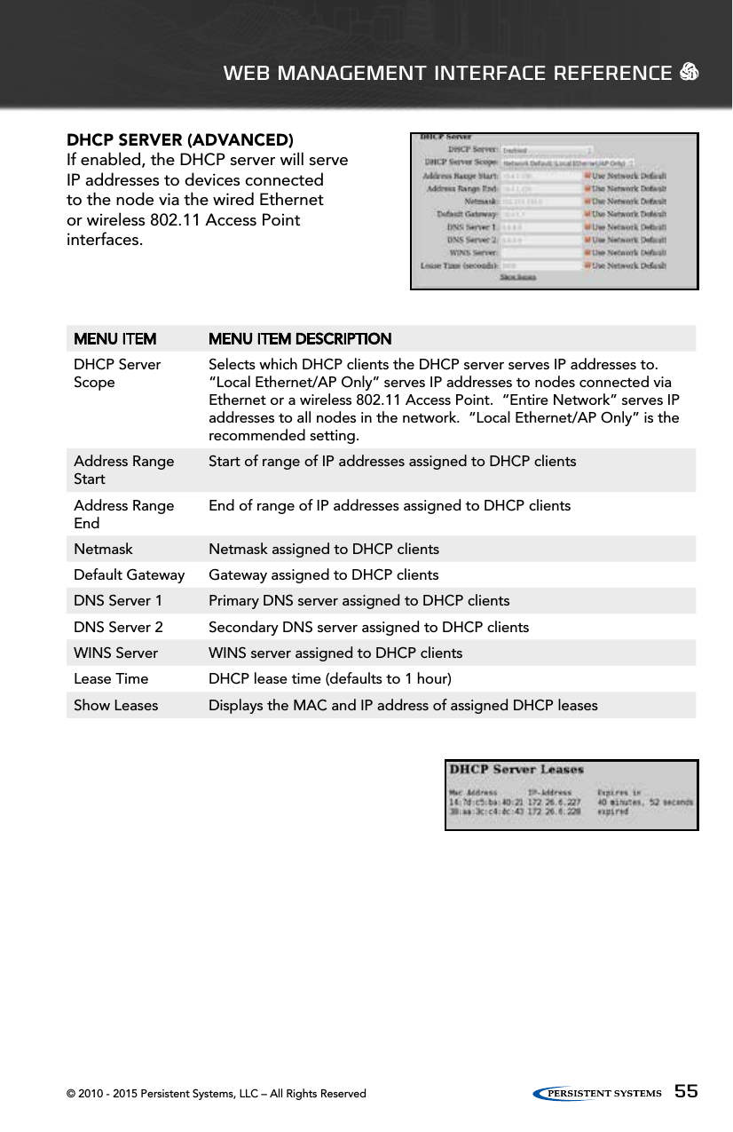 © 2010 - 2015 Persistent Systems, LLC – All Rights Reserved 55WEB MANAGEMENT INTERFACE REFERENCE   MENU ITEM MENU ITEM DESCRIPTIONDHCP Server ScopeSelects which DHCP clients the DHCP server serves IP addresses to. “Local Ethernet/AP Only” serves IP addresses to nodes connected via Ethernet or a wireless 802.11 Access Point.  “Entire Network” serves IP addresses to all nodes in the network.  “Local Ethernet/AP Only” is the recommended setting.Address Range StartStart of range of IP addresses assigned to DHCP clientsAddress Range EndEnd of range of IP addresses assigned to DHCP clientsNetmask Netmask assigned to DHCP clientsDefault Gateway Gateway assigned to DHCP clientsDNS Server 1 Primary DNS server assigned to DHCP clientsDNS Server 2 Secondary DNS server assigned to DHCP clientsWINS Server WINS server assigned to DHCP clientsLease Time DHCP lease time (defaults to 1 hour)Show Leases Displays the MAC and IP address of assigned DHCP leasesDHCP SERVER (ADVANCED)If enabled, the DHCP server will serve IP addresses to devices connected to the node via the wired Ethernet or wireless 802.11 Access Point interfaces.